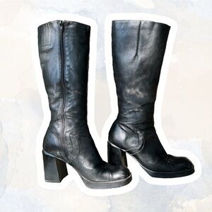 Vintage Black Leather Knee High Boots